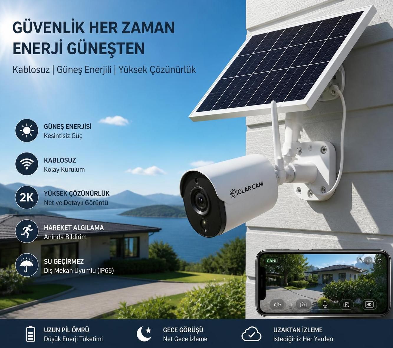 güneş enerjili kamera sistemleriyle evinizin ve iş yerinizin güvenliğini sağlamak için enerji tasarrufu yapın ve kesintisiz izleme keyfi yaşayın.