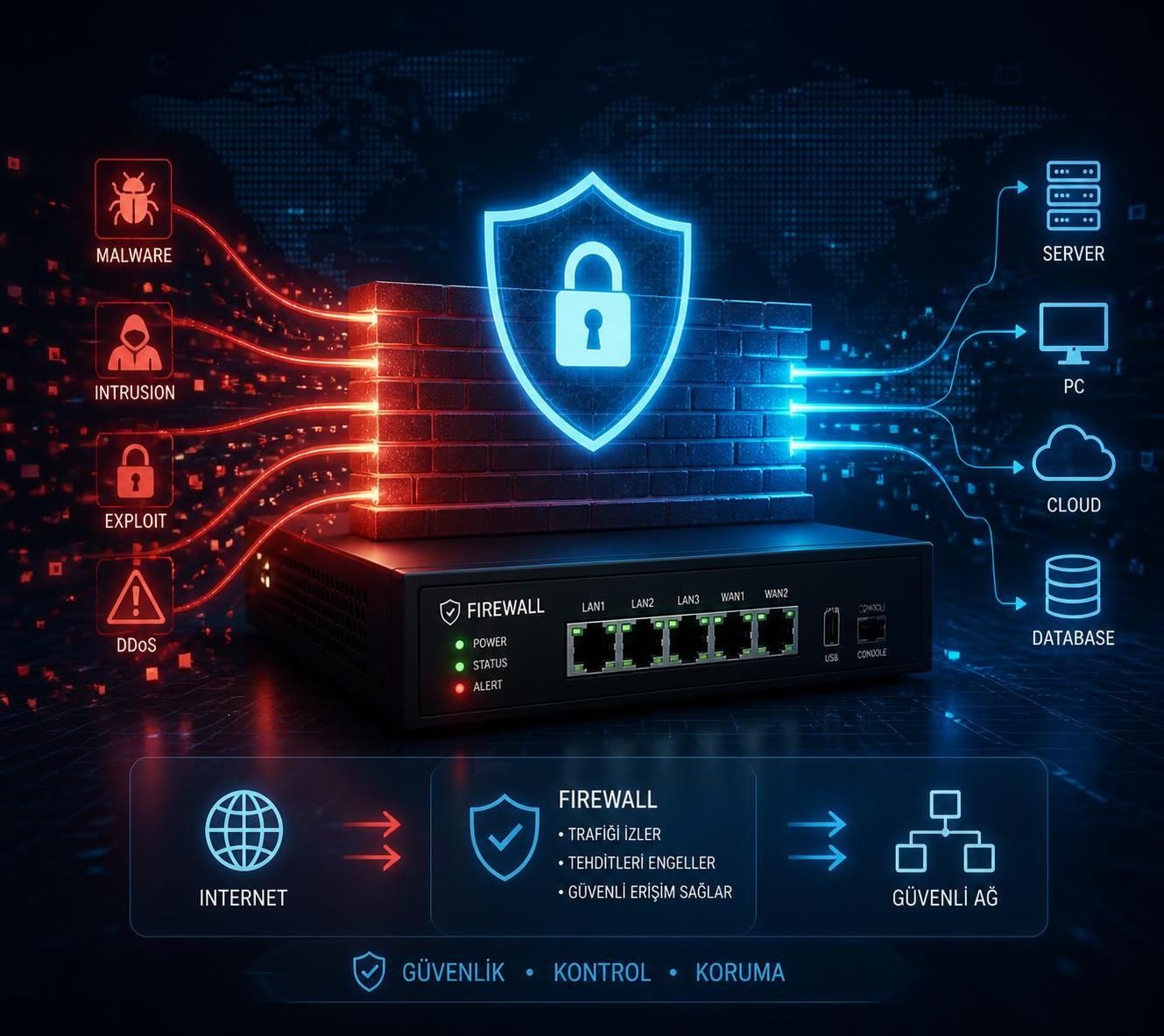 firewall cihazı nedir ve nasıl çalışır? bu temel rehberde firewall'un çalışma prensiplerini, türlerini ve kullanım amaçlarını öğrenin.